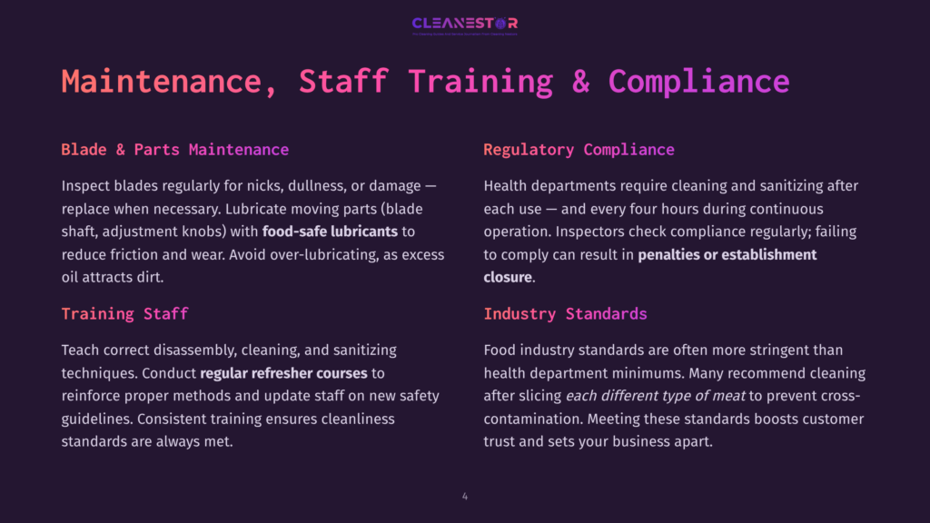 4 Maintenance Staff Training And Compliance Dark Purple Background With White Text Outlining &Quot;Maintenance, Staff Training &Amp; Compliance&Quot; And Sections On Blade &Amp; Parts Maintenance, Regulatory Compliance, Training Staff, And Industry Standards.