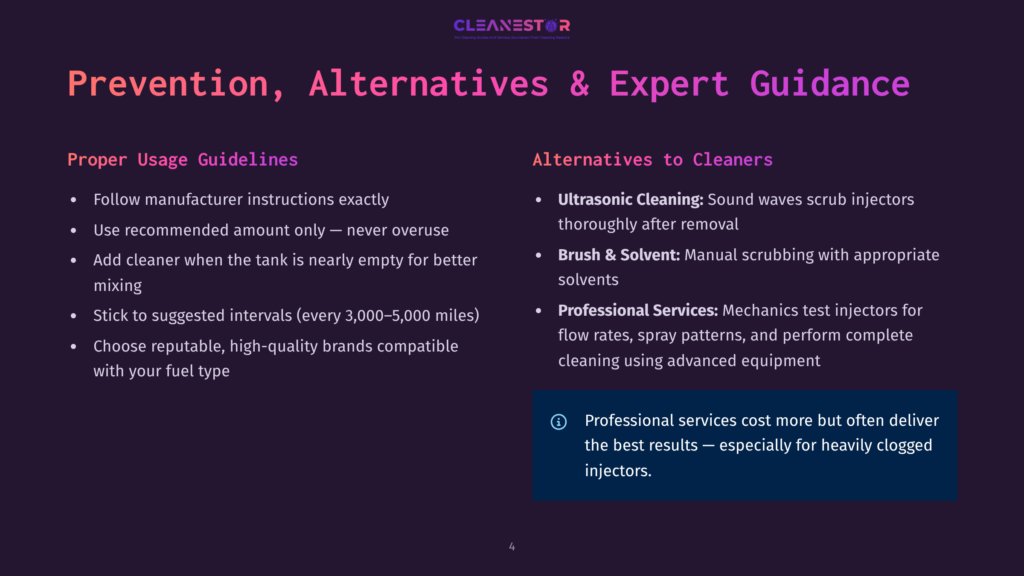 Cleanestor Presentation Slide Titled &Quot;Prevention, Alternatives &Amp; Expert Guidance&Quot; Listing Proper Usage Guidelines And Alternatives To Cleaners, Including Ultrasonic Cleaning And Professional Services.