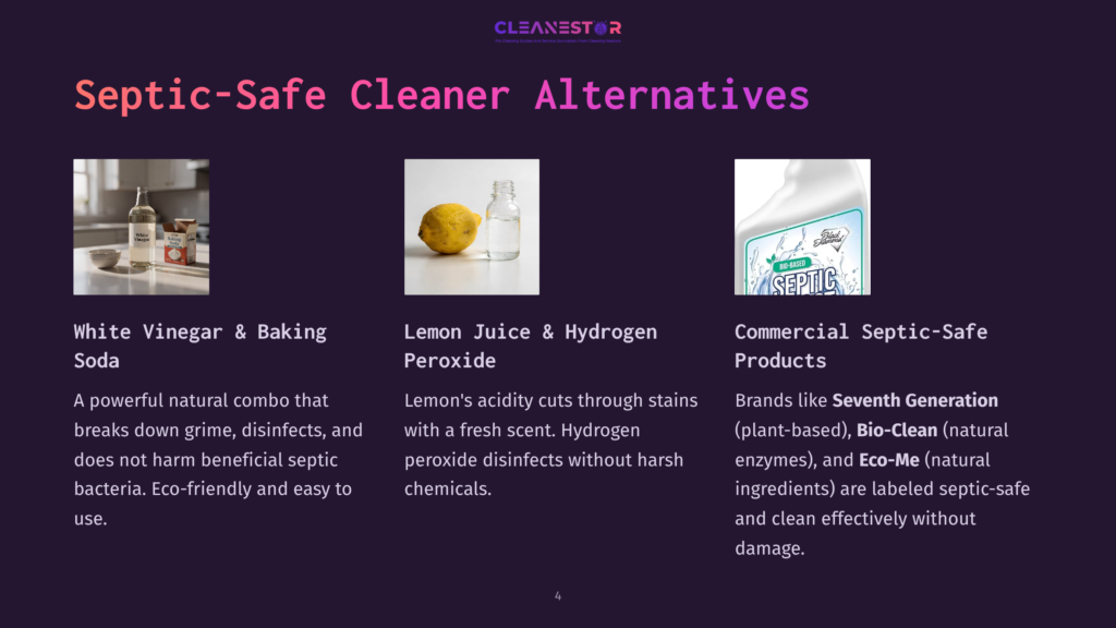 4 Septic Safe Cleaner Alternatives Three Septic-Safe Cleaner Alternatives: White Vinegar And Baking Soda In Glass Bottles, Lemon And Hydrogen Peroxide In A Glass, And A Commercial Septic Cleaner Bottle Labeled &Quot;Bio-Clean.