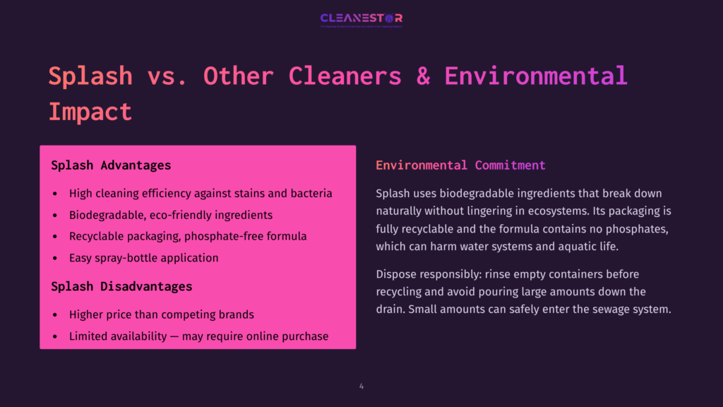Slide Comparing Splash Cleaners To Other Cleaners And Their Environmental Impact. Left Side Lists Splash Advantages Like Biodegradable Ingredients And Eco-Friendly Packaging. Right Side Details Splash'S Environmental Commitment And Responsible Disposal Instructions.