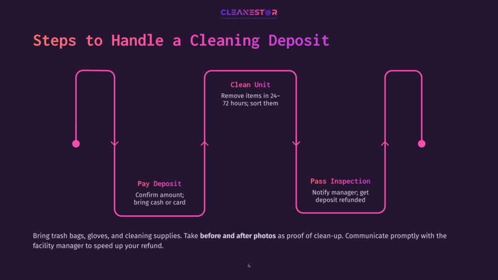 Flowchart Illustrating The Steps To Handle A Cleaning Deposit: Pay Deposit, Clean Unit, And Pass Inspection. Includes The Cleanestor Logo.