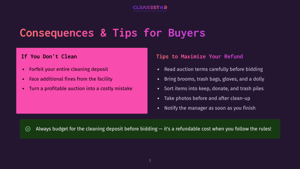 Infographic Titled &Quot;Consequences &Amp; Tips For Buyers&Quot; From Cleanestor, Detailing Buyer Risks Like Forfeiting Deposits And Fines, And Tips For Maximizing Refunds, Such As Reading Auction Terms And Taking Photos.