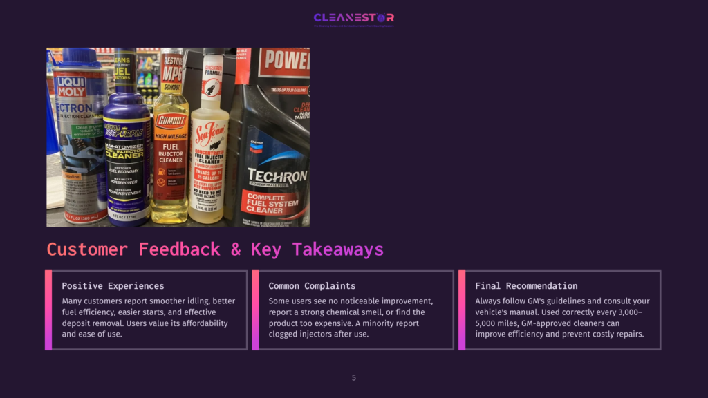 5 Customer Feedback And Key Takeaways A Display Of Various Fuel Injector Cleaners And Automotive Fluids, Including Liqui Moly, Gumout, Sea Foam, And Techron, Arranged Against A Plain Background.