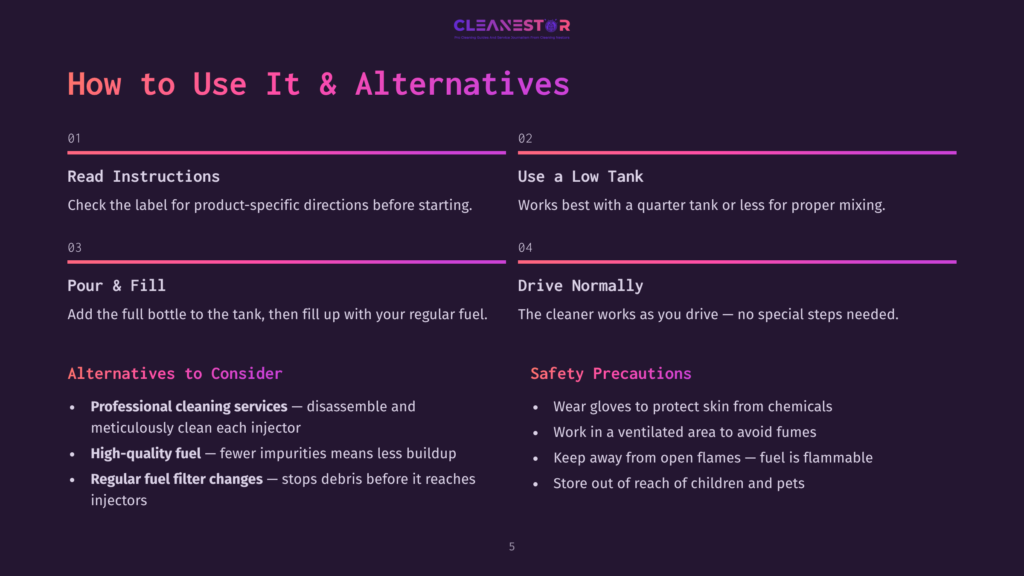Purple And Pink Graphic With Text &Quot;How To Use It &Amp; Alternatives&Quot; And &Quot;Cleanestor&Quot; Logo. Sections Include &Quot;Read Instructions&Quot;, &Quot;Pour &Amp; Fill&Quot;, &Quot;Use A Low Tank&Quot;, &Quot;Drive Normally&Quot;, &Quot;Alternatives To Consider&Quot;, And &Quot;Safety Precautions&Quot;.
