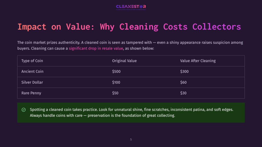 Impact On Value: Why Cleaning Costs Collectors. A Table Shows The Devaluation Of Ancient Coins, Silver Dollars, And Rare Pennies After Cleaning, Demonstrating How Cleaning Negatively Impacts Coin Value.