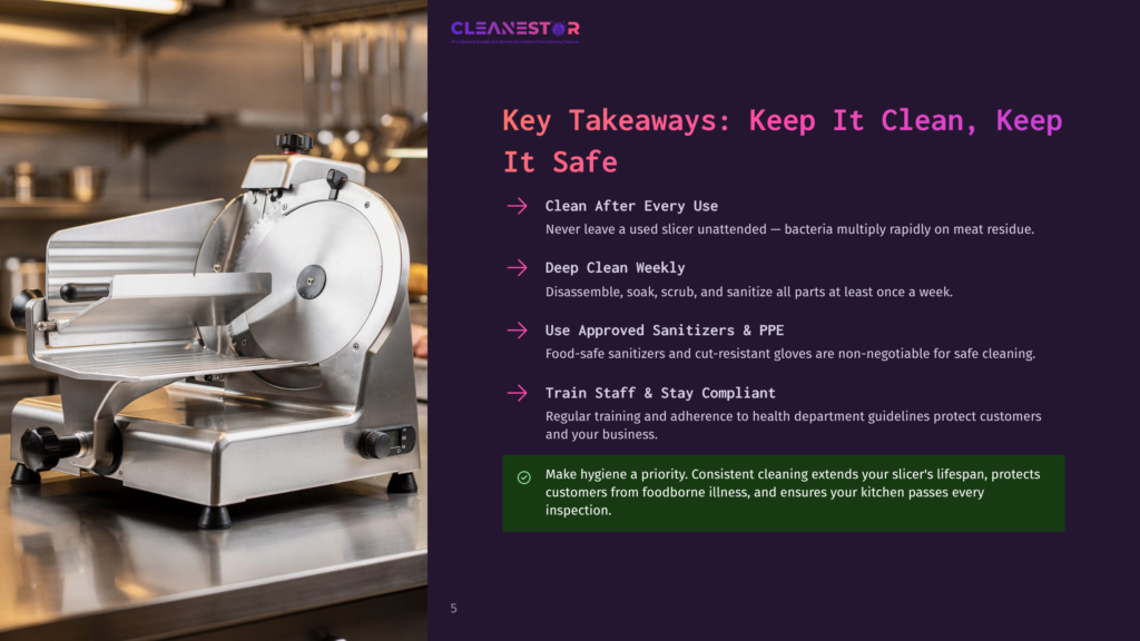 5 Key Takeaways Keep It Clean Keep It Safe A Commercial Meat Slicer Sits On A Stainless Steel Counter In A Professional Kitchen, With Text Overlays From A Presentation Slide Titled &Quot;Key Takeaways: Keep It Clean, Keep It Safe&Quot;.