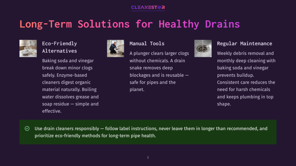 Cleanestor Logo With The Title &Quot;Long-Term Solutions For Healthy Drains.&Quot; Three Sections Detail Eco-Friendly Alternatives, Manual Tools, And Regular Maintenance For Drain Cleaning.