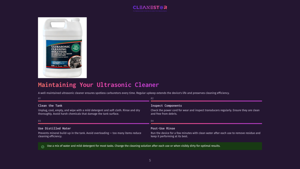 A Large White Bottle Of &Quot;Ultrasonic Cleaner Solution For Carburetors &Amp; Fuel Injectors&Quot; Sits On A Dark Background, With A Graphic Of A Clean Engine Part And The Cleanestor Logo Above.