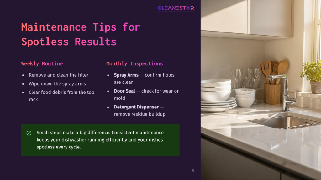5 Maintenance Tips For Spotless Results A Clean Kitchen Countertop With A Stainless Steel Faucet And A Stack Of White Bowls And Plates, Next To A Plant. Text Overlay Reads &Quot;Cleanestor Maintenance Tips For Spotless Results&Quot;.