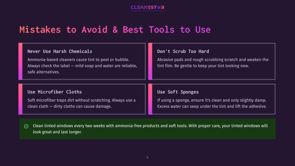 Infographic Titled &Quot;Mistakes To Avoid &Amp; Best Tools To Use&Quot; For Car Window Tinting, Listing Tips Like &Quot;Never Use Harsh Chemicals&Quot; And &Quot;Use Soft Sponges&Quot; For Proper Tint Care.