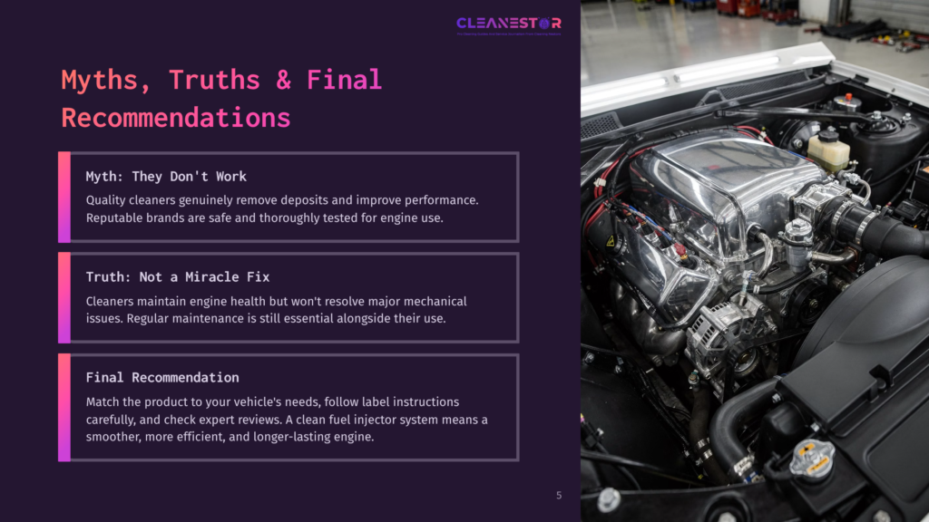 Close-Up Of A Gleaming Chrome Engine In A Classic Car, With Text Overlay Discussing Car Maintenance Myths And Recommendations.