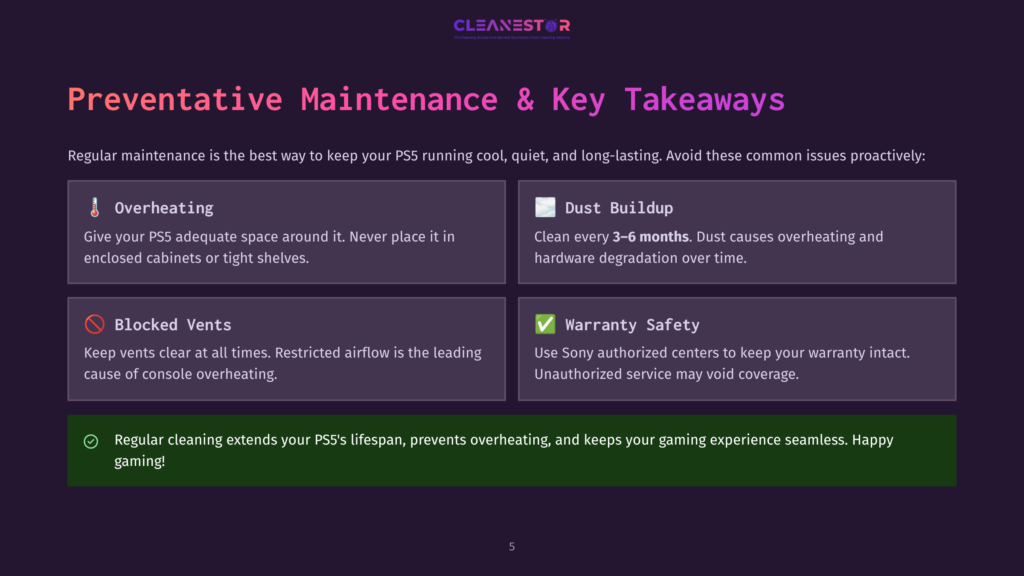 Infographic Titled &Quot;Preventative Maintenance &Amp; Key Takeaways&Quot; For Ps5, Detailing Overheating, Dust Buildup, Blocked Vents, And Warranty Safety. Includes Icons And Text For Each Point.