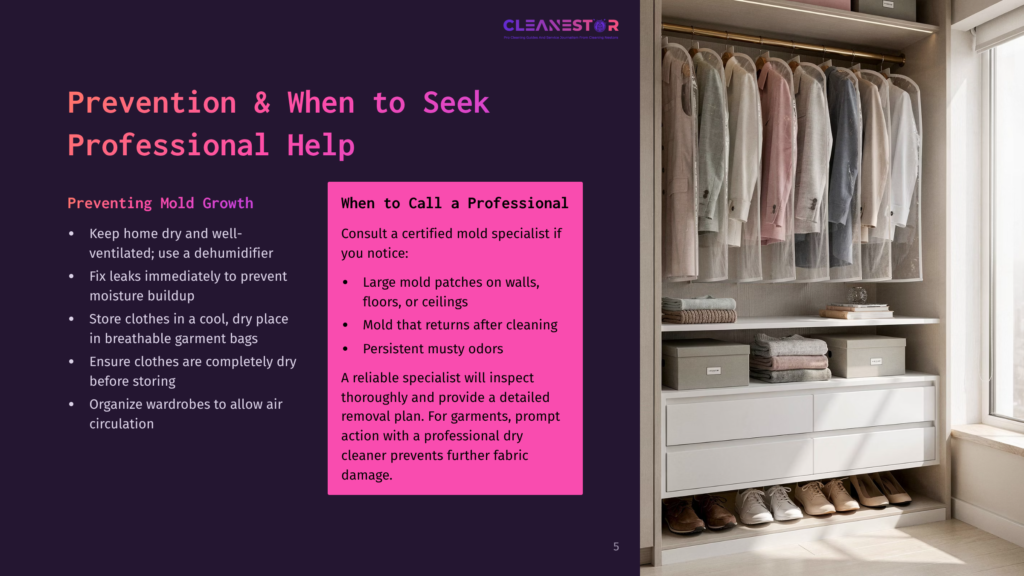 Cleanestor Infographic On Mold Prevention, Detailing Home Dry And Well-Ventilated Tips, Fixing Leaks, And Storing Clothes In Breathable Bags. It Also Covers Signs Of Professional Mold Removal Like Patches And Musty Odors.