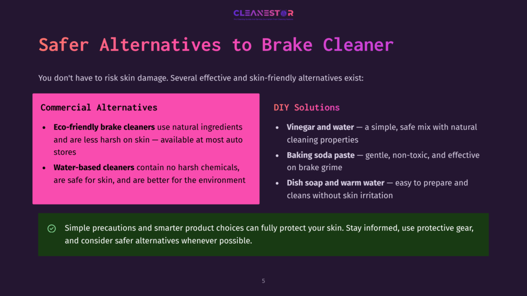 Slide Titled &Quot;Safer Alternatives To Brake Cleaner&Quot; Lists Commercial And Diy Cleaning Solutions, Including Eco-Friendly Brake Cleaners, Water-Based Cleaners, Vinegar And Water, And Baking Soda Paste.
