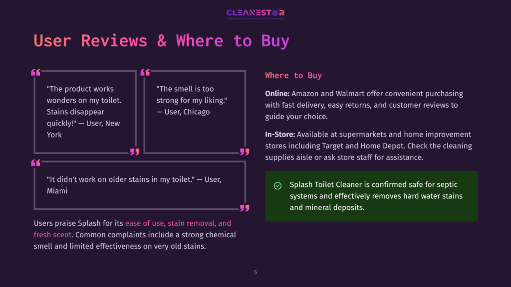 Cleanestor Logo With The Text &Quot;User Reviews &Amp; Where To Buy&Quot; And User Testimonials About Splash Toilet Cleaner'S Effectiveness.
