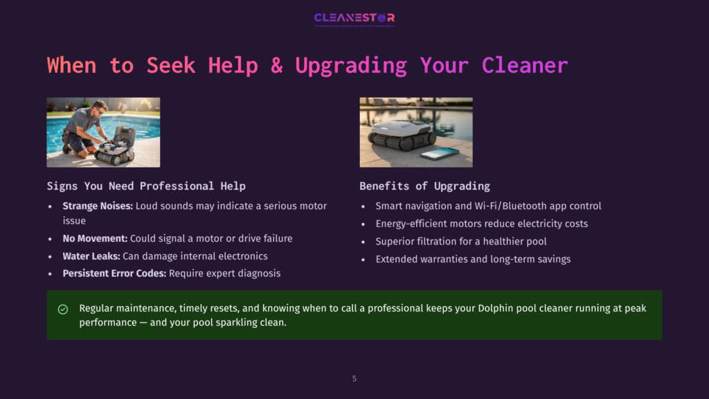 A Technician In A Blue Shirt Works On A Dolphin Pool Cleaner By A Swimming Pool. The Text &Quot;When To Seek Help &Amp; Upgrading Your Cleaner&Quot; Is Visible.
