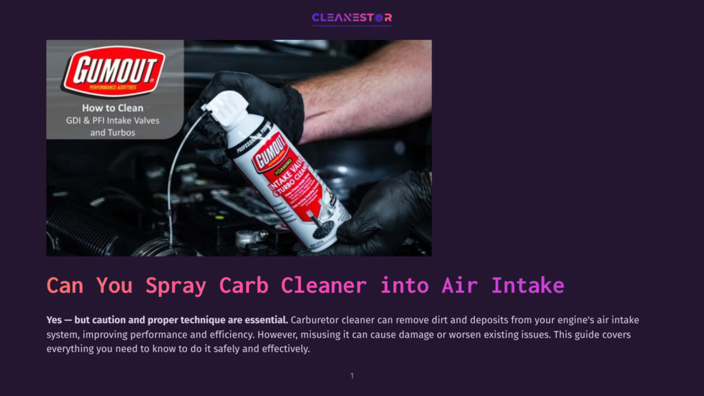 Close-Up Of A Can Of Gumout Intake Valve &Amp; Turbo Cleaner Being Sprayed Into A Car Engine With A Black Hose, Showing The &Quot;Gumout&Quot; Logo And &Quot;How To Clean Gdi &Amp; Pfi Intake Valves And Turbos&Quot; Text.