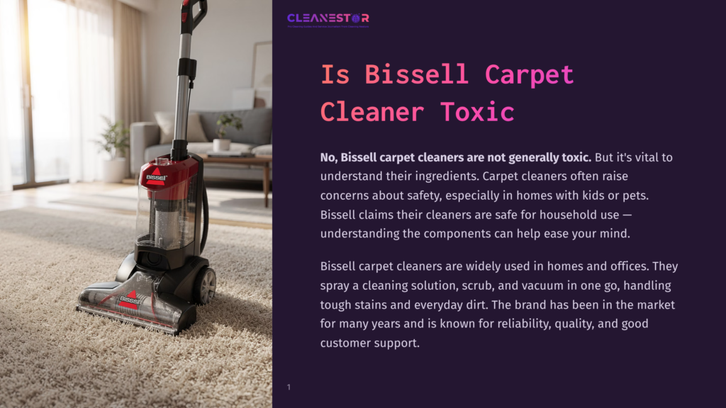 1 Is Bissell Carpet Cleaner Toxic A Red And Black Bissell Carpet Cleaner Stands On A Beige Carpet In A Living Room, Ready For Use.