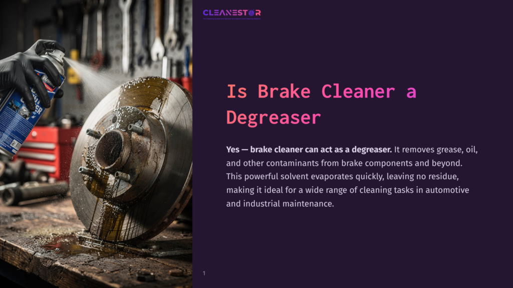 A Gloved Hand Sprays Brake Cleaner Onto A Rusty Car Brake Rotor On A Wooden Workbench, With A Cleanestor Logo And Text &Quot;Is Brake Cleaner A Degreaser?&Quot; Visible.