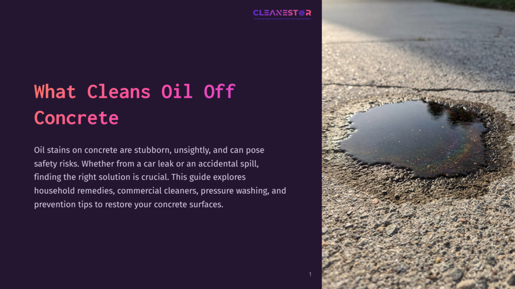 1 What Cleans Oil Off Concrete A Dark Oil Stain Glistens On A Concrete Driveway, Reflecting Rainbow Colors. The Text &Quot;What Cleans Oil Off Concrete&Quot; Is Overlaid On A Dark Background.