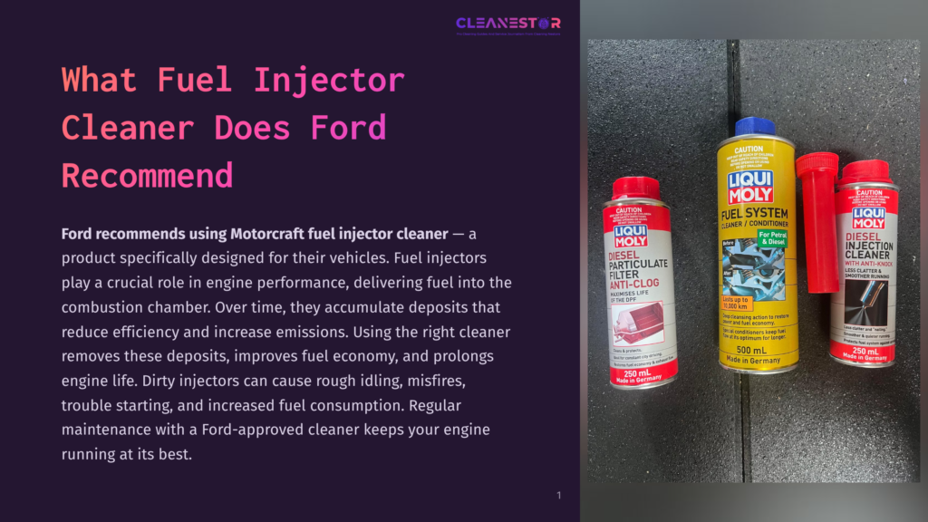 Three Bottles Of Liqui Moly Fuel System Cleaner And Diesel Particulate Filter Anti-Clog Additive, With The Text &Quot;What Fuel Injector Cleaner Does Ford Recommend&Quot; Visible On A Dark Background.