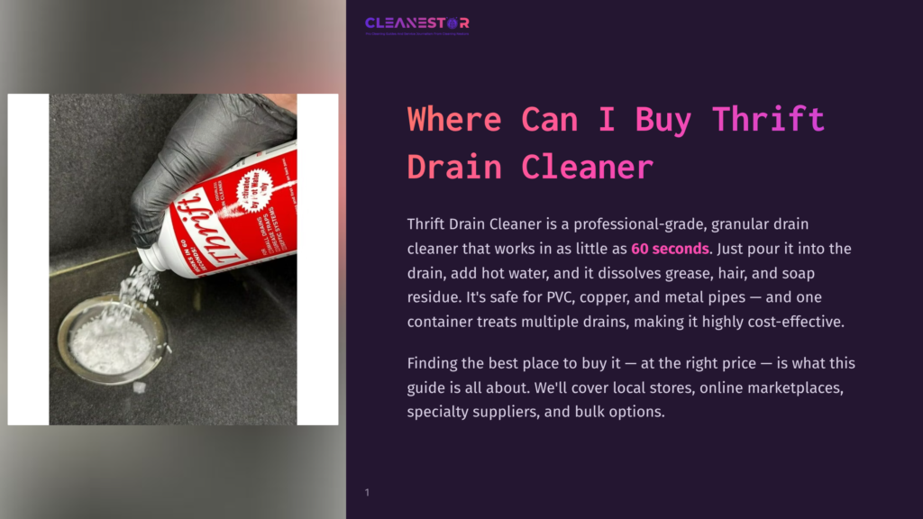 A Gloved Hand Pours White Granular Thrift Drain Cleaner Into A Silver Drain Opening.