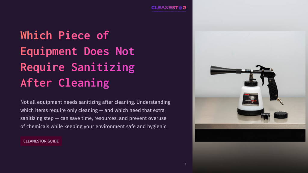 A Foam Gun With A Black Handle And A White Bottle Sits On A Stainless Steel Counter, Next To A Black Lid. The Text &Quot;Cleanestor&Quot; Is Visible On The Bottle.