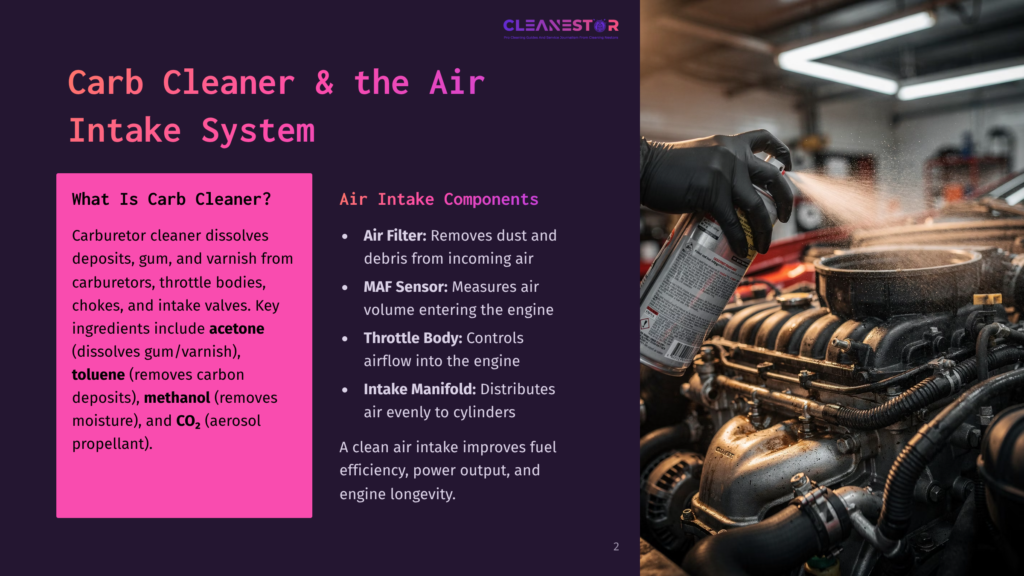Close-Up Of A Gloved Hand Spraying A White Aerosol Can Onto A Car Engine, With &Quot;Cleanestor&Quot; Text Visible On The Can.