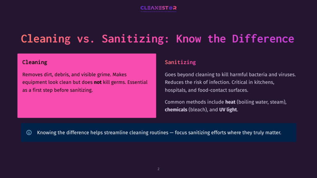 Slide Comparing Cleaning And Sanitizing. Left Side, Pink Box, Defines Cleaning As Removing Dirt And Grime, Making Equipment Look Clean. Right Side, Dark Purple Box, Defines Sanitizing As Killing Harmful Bacteria And Viruses, Reducing Infection Risk. Text Highlights Methods Like Heat, Bleach, And Uv Light.
