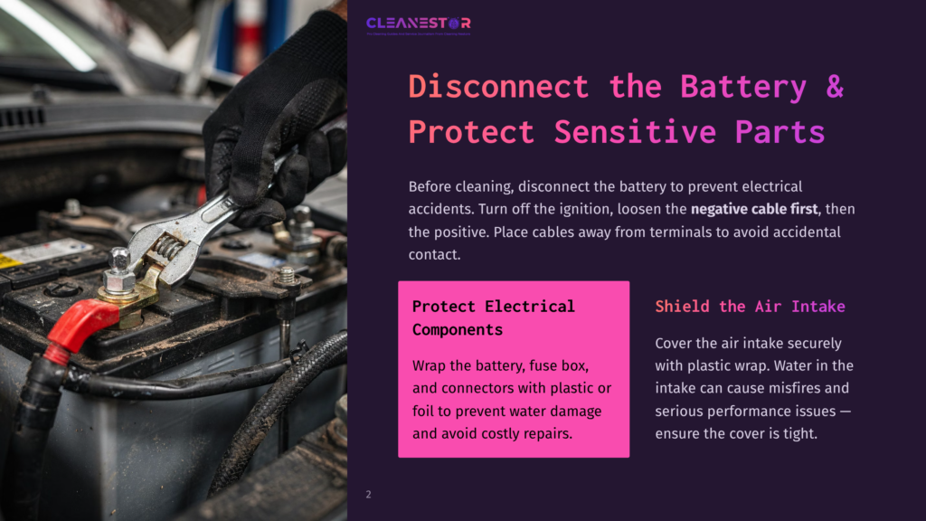 Close-Up Of A Car Battery Being Disconnected By A Gloved Hand Using A Wrench. Text Overlay Advises To &Quot;Disconnect The Battery &Amp; Protect Sensitive Parts&Quot;.