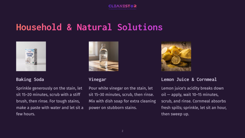 2 Household And Natural Solutions Three Common Household Cleaning Solutions: Baking Soda, White Vinegar, And Lemon Juice With Cornmeal, Are Displayed In Separate Images For Stain Removal Tips.