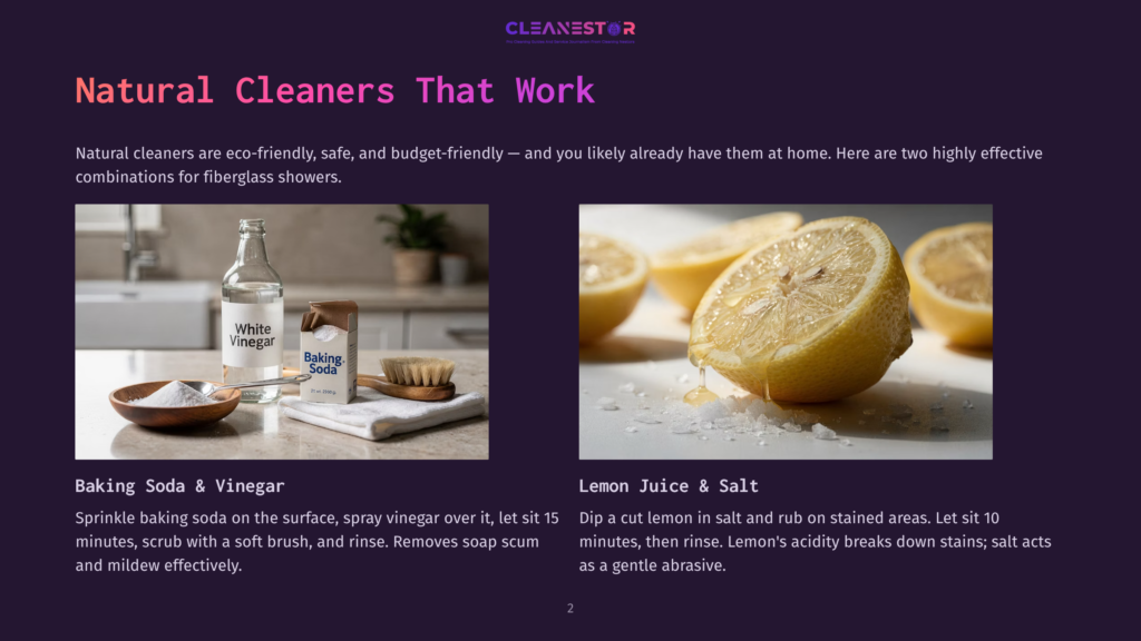 A White Bottle Of White Vinegar And A Box Of Baking Soda Sit On A Counter Next To A Scrubbing Brush, Ready For Natural Shower Cleaning.