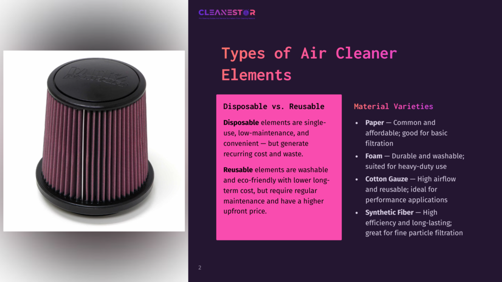 2 Types Of Air Cleaner Elements A K&Amp;N Reusable Air Filter Element With A Black Rubber End Cap And A Purple Filter Medium, Shown On The Left Side Of A Slide Comparing Disposable Vs. Reusable Air Filter Elements.