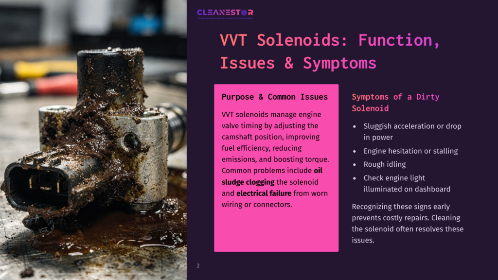 2 Vvt Solenoids Function Issues And Symptoms Close-Up Of A Dirty, Oil-Covered Vvt Solenoid With Visible Sludge And Grime, Resting On A Workbench With Tools In The Blurred Background. Text Overlay Reads &Quot;Cleanestor Vvt Solenoids: Function, Issues &Amp; Symptoms&Quot;.