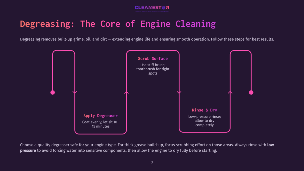 Diagram Outlining The Engine Degreasing Process: Apply Degreaser, Scrub Surface, And Rinse &Amp; Dry. Text Includes &Quot;Degreasing: The Core Of Engine Cleaning&Quot; And &Quot;Cleanestor&Quot;.