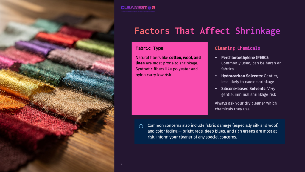 Close-Up Of A Stack Of Colorful Fabric Swatches, Including Deep Reds, Blues, And Greens, With Text About Factors Affecting Fabric Shrinkage And Cleaning Chemicals.