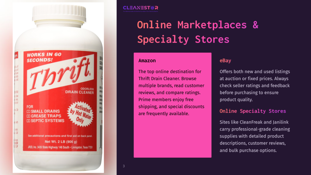A White Bottle Of Thrift Drain Cleaner, With A Red And Yellow Label, Sits In Front Of A Dark Purple Background. The Label Prominently Displays &Quot;Thrift&Quot; In Large White Letters And States &Quot;Works In 60 Seconds!&Quot;.