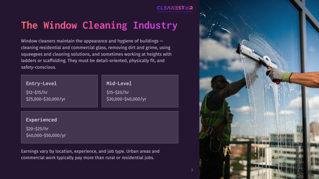 3 The Window Cleaning Industry Window Cleaner In A Harness Squeegees A Tall Building'S Glass Exterior, Showing The Professional Window Cleaning Industry.