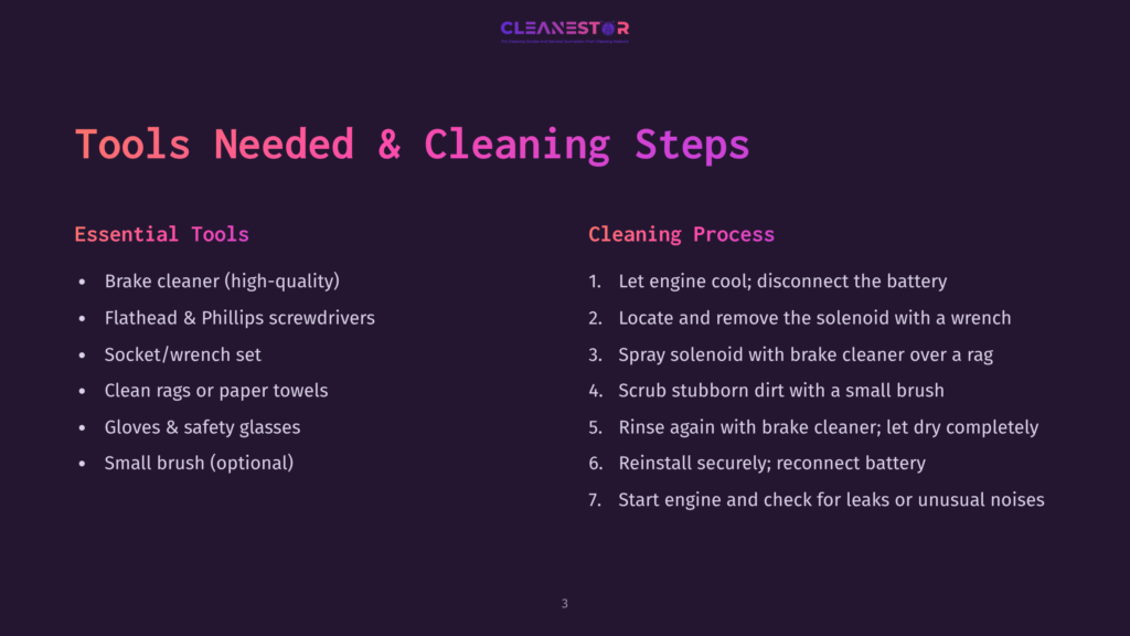 3 Tools Needed And Cleaning Steps A Dark Slide With The Title &Quot;Tools Needed &Amp; Cleaning Steps&Quot; Lists Essential Tools Like Brake Cleaner, Screwdrivers, And Gloves, And Cleaning Steps Including Disconnecting The Battery And Rinsing With Brake Cleaner.