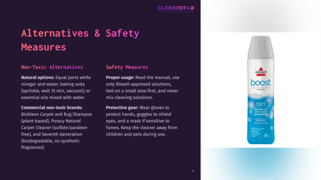 4 Alternatives And Safety Measures A Bottle Of Bissell Boost Oxy Carpet Cleaner With Text Indicating It Removes Old And New Stains Permanently. The Bottle Is On A Gradient Background, With Text About Non-Toxic Alternatives And Safety Measures For Cleaning Products Visible To The Left.