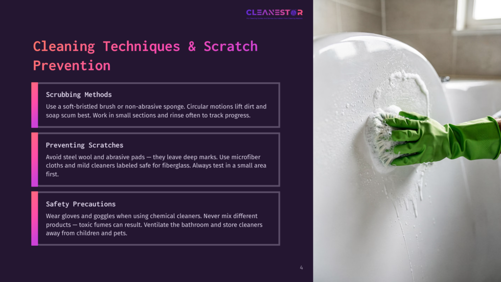 Green Gloved Hands Scrub A White Bathtub With A Brush And White Foam, Demonstrating Cleaning Techniques For Scratch Prevention.