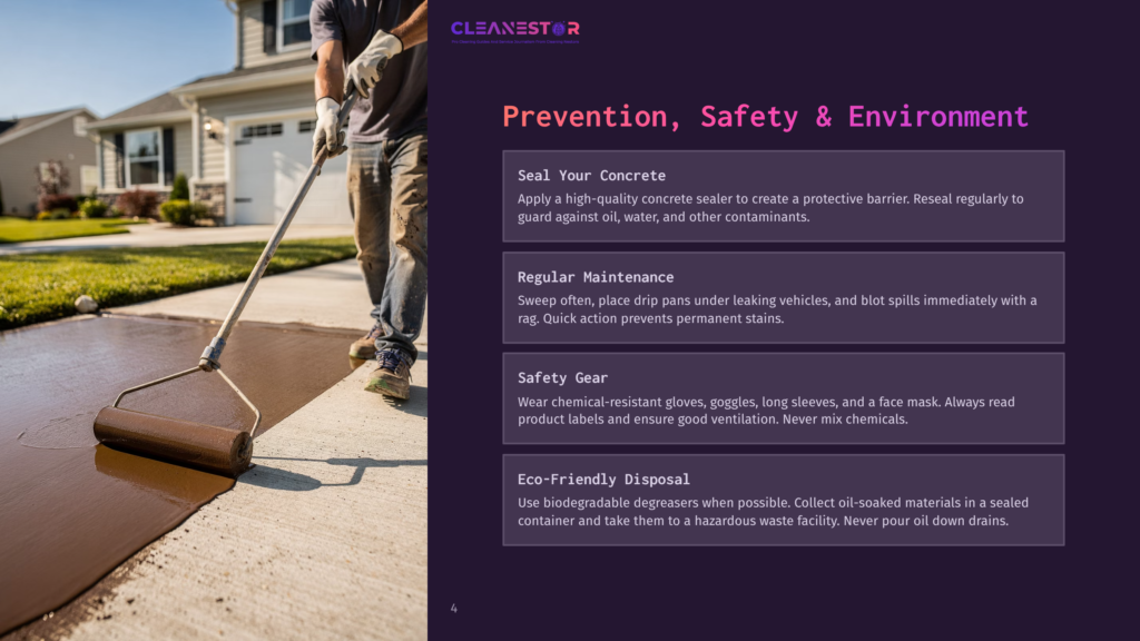 4 Prevention Safety And Environment A Man In A Grey T-Shirt And White Gloves Uses A Roller To Apply A Dark Brown Concrete Sealer To A Sidewalk In Front Of A Modern House. The Text &Quot;Cleanestor&Quot; Is Visible At The Top.