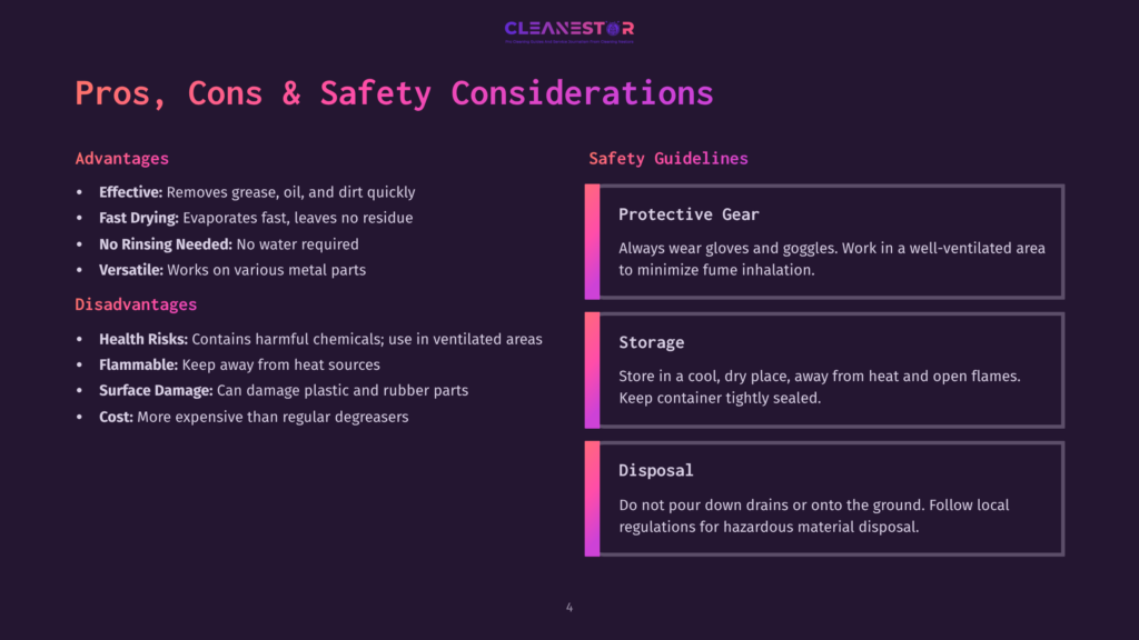 Cleanestor Graphic Detailing Pros And Cons Of A Cleaning Product, Including Effective Grease Removal, Fast Drying, No Rinsing, And Versatility, Alongside Safety Guidelines For Protective Gear, Storage, And Disposal.