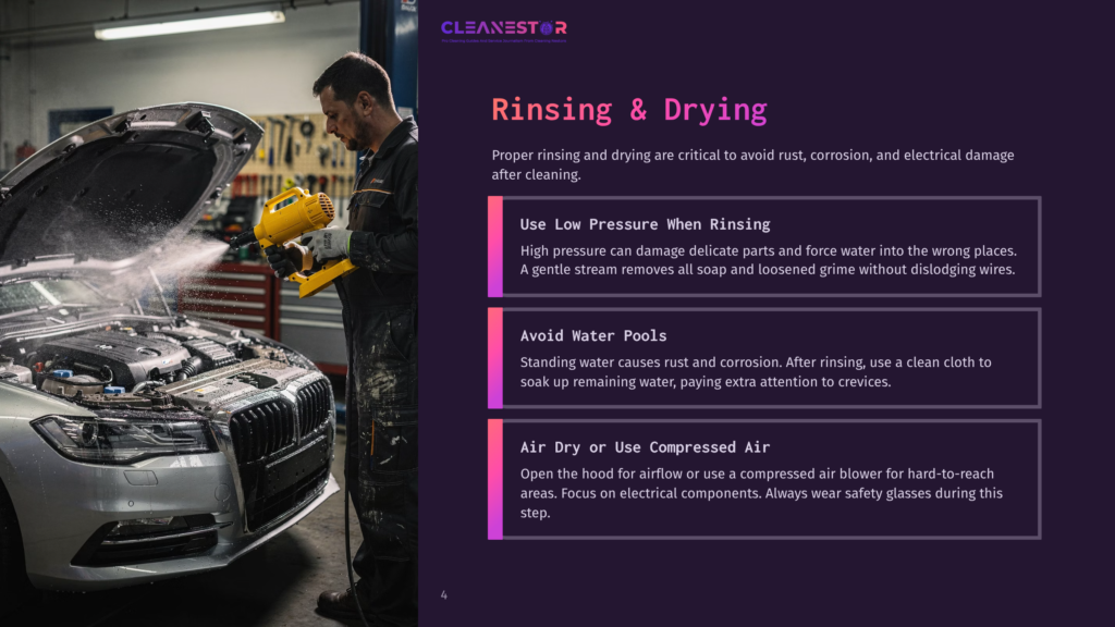 A Man In A Black Jumpsuit Sprays Water Into The Open Engine Bay Of A Silver Car, Detailing The Cleaning Process. Text Overlays Offer Tips On Rinsing And Drying.