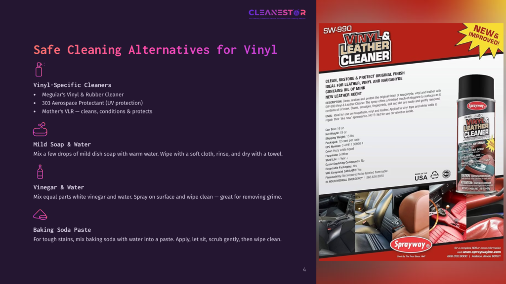 Sprayway Vinyl &Amp; Leather Cleaner Bottle And Car Interior Cleaning Products On A Red Background. Text Reads: &Quot;Clean, Restore &Amp; Protect Original Finish Ideal For Leather, Vinyl And Naugahyde Contains Oil Of Pink&Quot;.