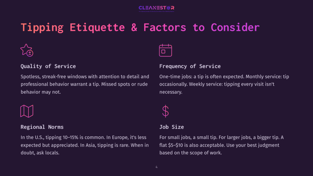 4 Tipping Etiquette And Factors To Consider Tipping Etiquette &Amp; Factors To Consider: Quality Of Service, Frequency Of Service, Regional Norms, Job Size. Icons Represent Each Section.