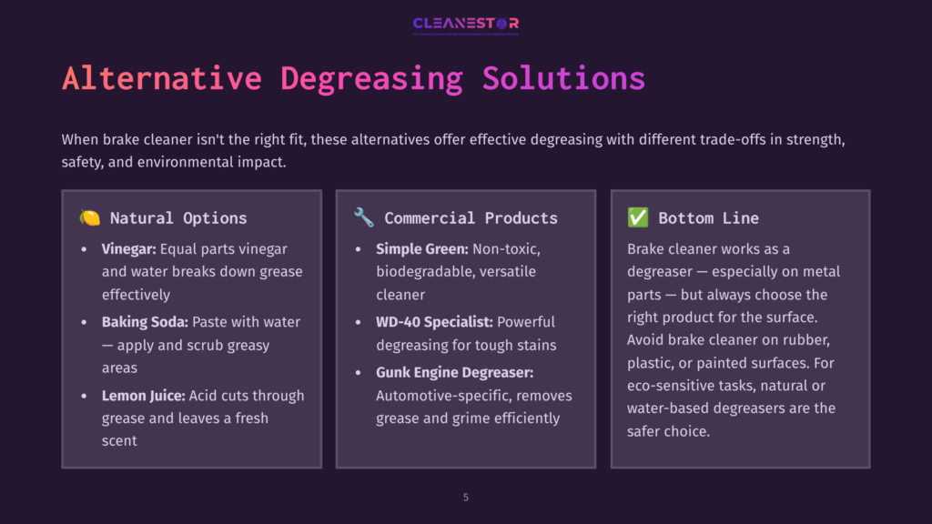 A Presentation Slide Titled &Quot;Alternative Degreasing Solutions&Quot; With Three Columns: &Quot;Natural Options,&Quot; &Quot;Commercial Products,&Quot; And &Quot;Bottom Line.&Quot; The &Quot;Natural Options&Quot; Column Lists Vinegar, Baking Soda, And Lemon Juice. The &Quot;Commercial Products&Quot; Column Lists Simple Green And Wd-40 Specialist. The &Quot;Bottom Line&Quot; Column Discusses Brake Cleaner'S Effectiveness On Metal Parts But Its Drawbacks On Rubber, Plastic, And Painted Surfaces.
