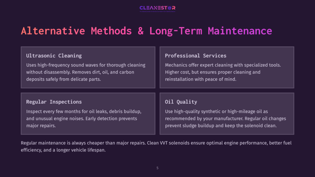 5 Alternative Methods And Long Term Maintenance Cleanestor Logo With Text &Quot;Alternative Methods &Amp; Long-Term Maintenance&Quot; And Four Sections: Ultrasonic Cleaning, Professional Services, Regular Inspections, And Oil Quality.