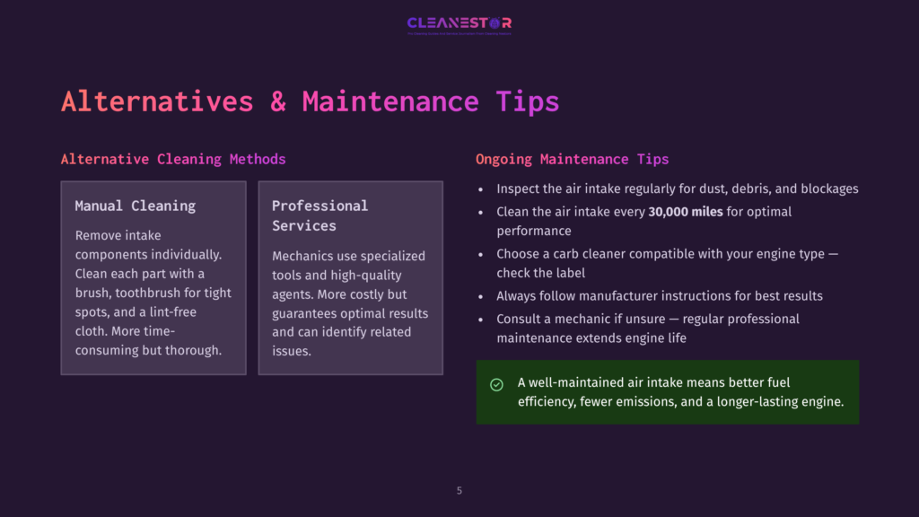 Slide Titled &Quot;Alternatives &Amp; Maintenance Tips&Quot; With Sections On &Quot;Alternative Cleaning Methods&Quot; (Manual Cleaning, Professional Services) And &Quot;Ongoing Maintenance Tips&Quot; For Car Air Intake.