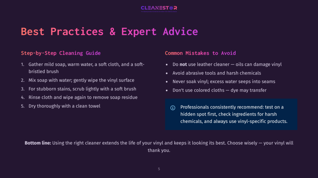 A Dark Purple Slide Titled &Quot;Best Practices &Amp; Expert Advice&Quot; For Cleaning Vinyl. It Lists Step-By-Step Cleaning Instructions And Common Mistakes To Avoid, With A Logo For &Quot;Cleanestor&Quot; At The Top.